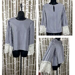 Striped Pullover Top with Lace Cuffs sz 2